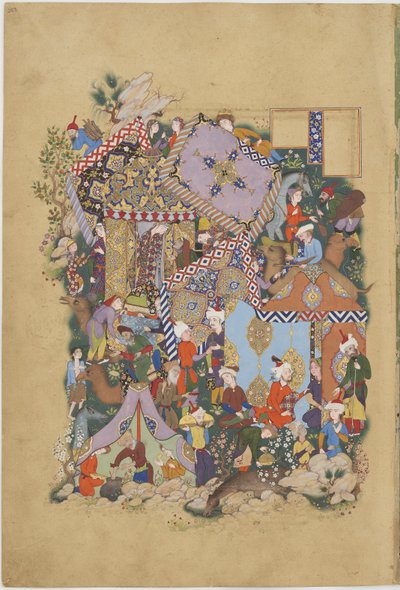 Majnun nähert sich dem Lager der Karawane von Layli, Illustration aus einem Haft Awrang von Persian School